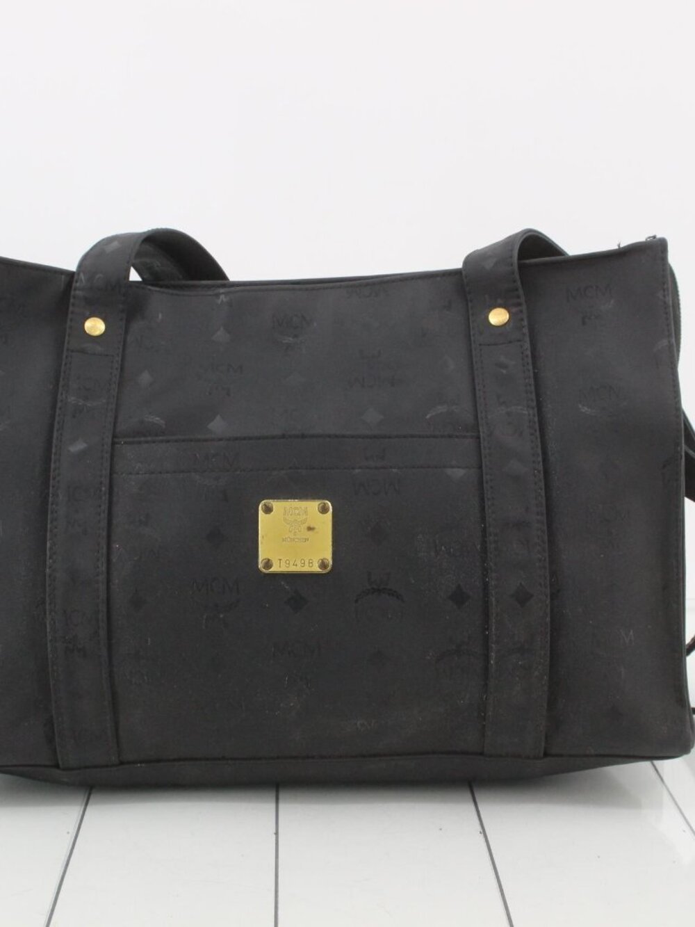 MCM Black Canvas Tote with Gold Plaque